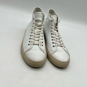 Gustin Men Size 12 White Blue Leather High Top Fashion Lace Up Sneakers Shoes.
